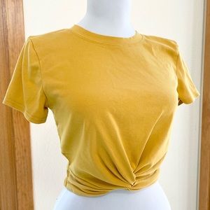 Yellow Cropped Twist Knot Front Cotton Top S Short Sleeve